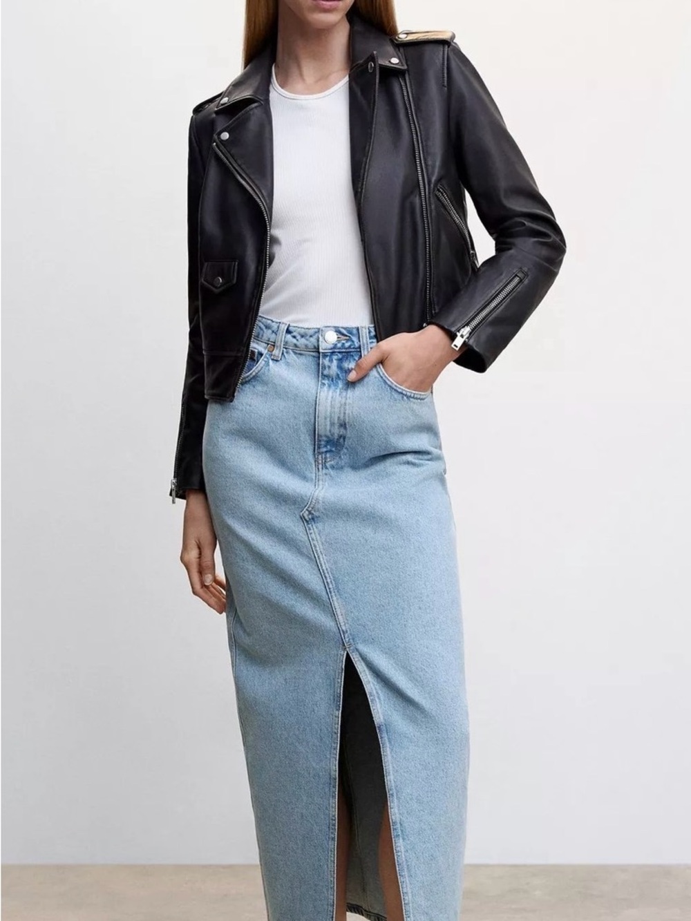 Mango Light Blue High-Rise Denim Skirt with Front Slit